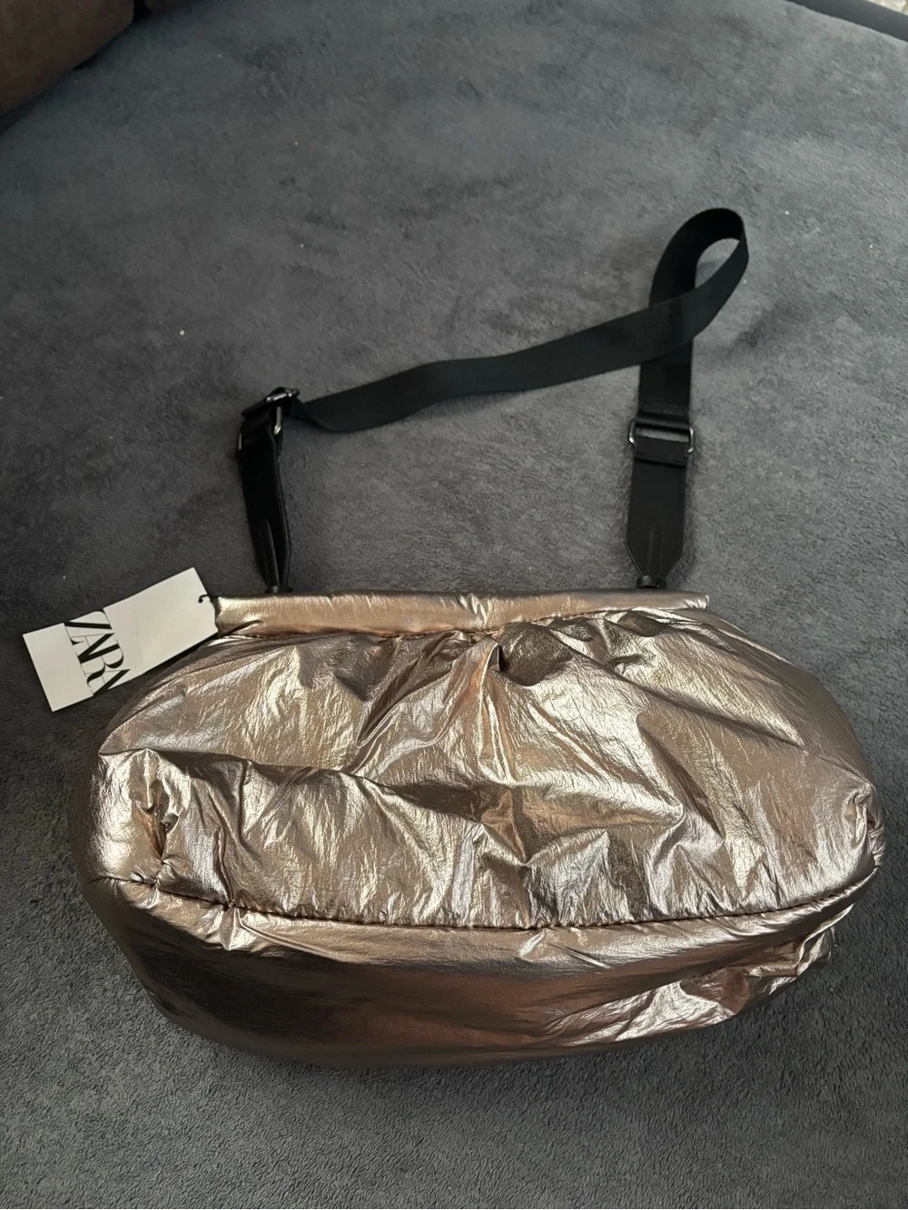 ZARA Metallic Bronze Puffy Crossbody Bag with Black Strap